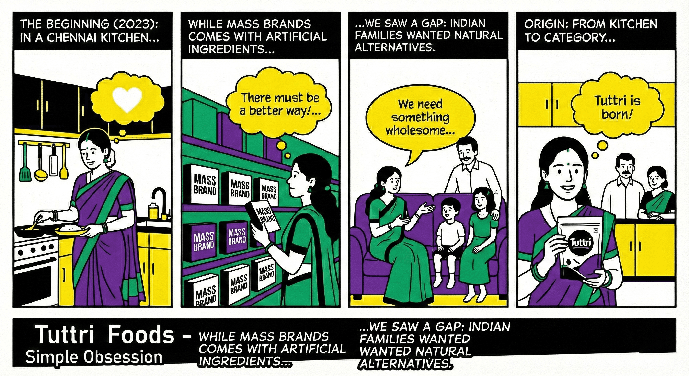 Tuttri comic: a mother looks for a wholesome alternative to mass brands and starts Tuttri in her kitchen